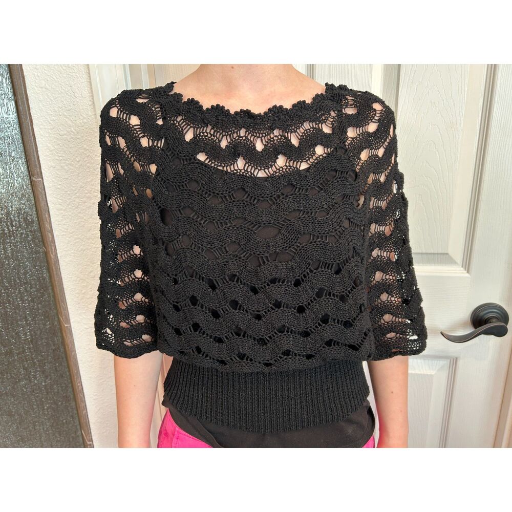 Wow Couture Black Crochet Poncho Sweater Top Women Sz S